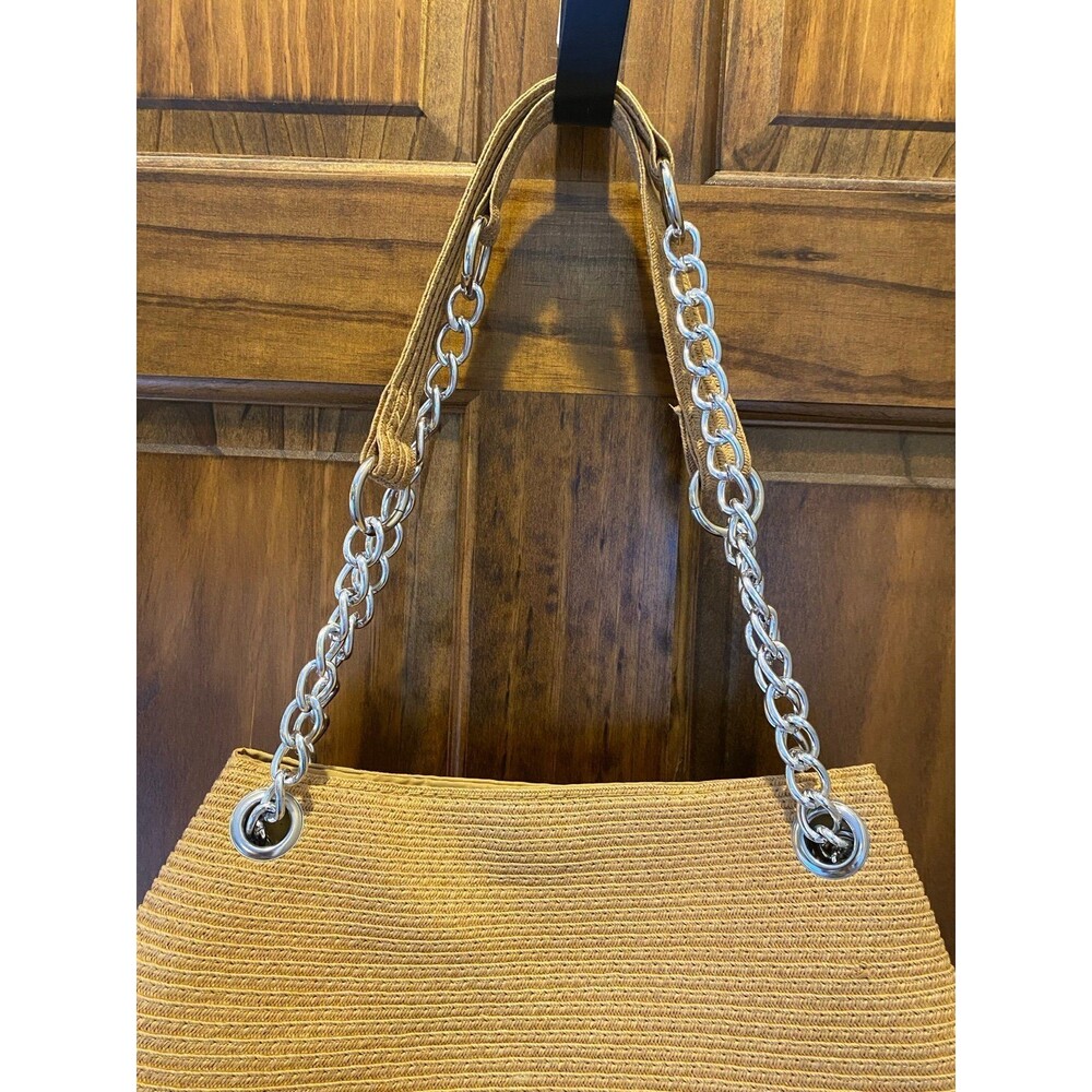 Woven Straw Shoulder Bag w/ Chain Straps Casual Lightweight Travel Vacation Bag - Picture 2 of 12